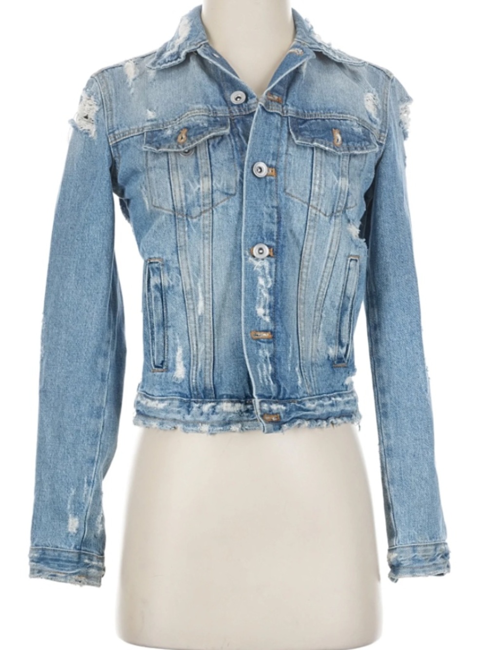 Zara Trafaluc Jeans Jacket Womens S Blue StoneWash Distressed Denim Button Up